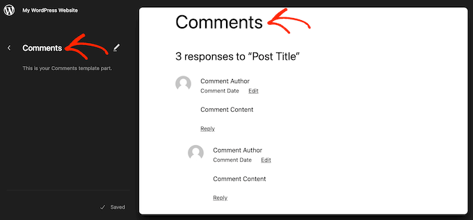 Bagian templat 'komentar' di editor situs lengkap WordPress